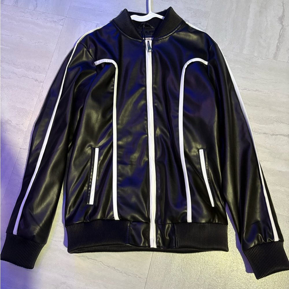 Black and White Varsity Bomber Jacket with Ribbed Details